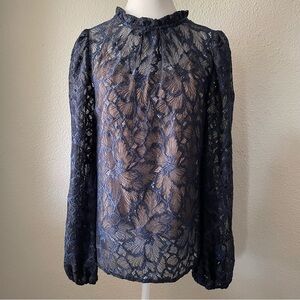 NWT WAYF Emma Puff Sleeve Lace Top Blouse Womens S Navy Floral Mock Neck Elegant
